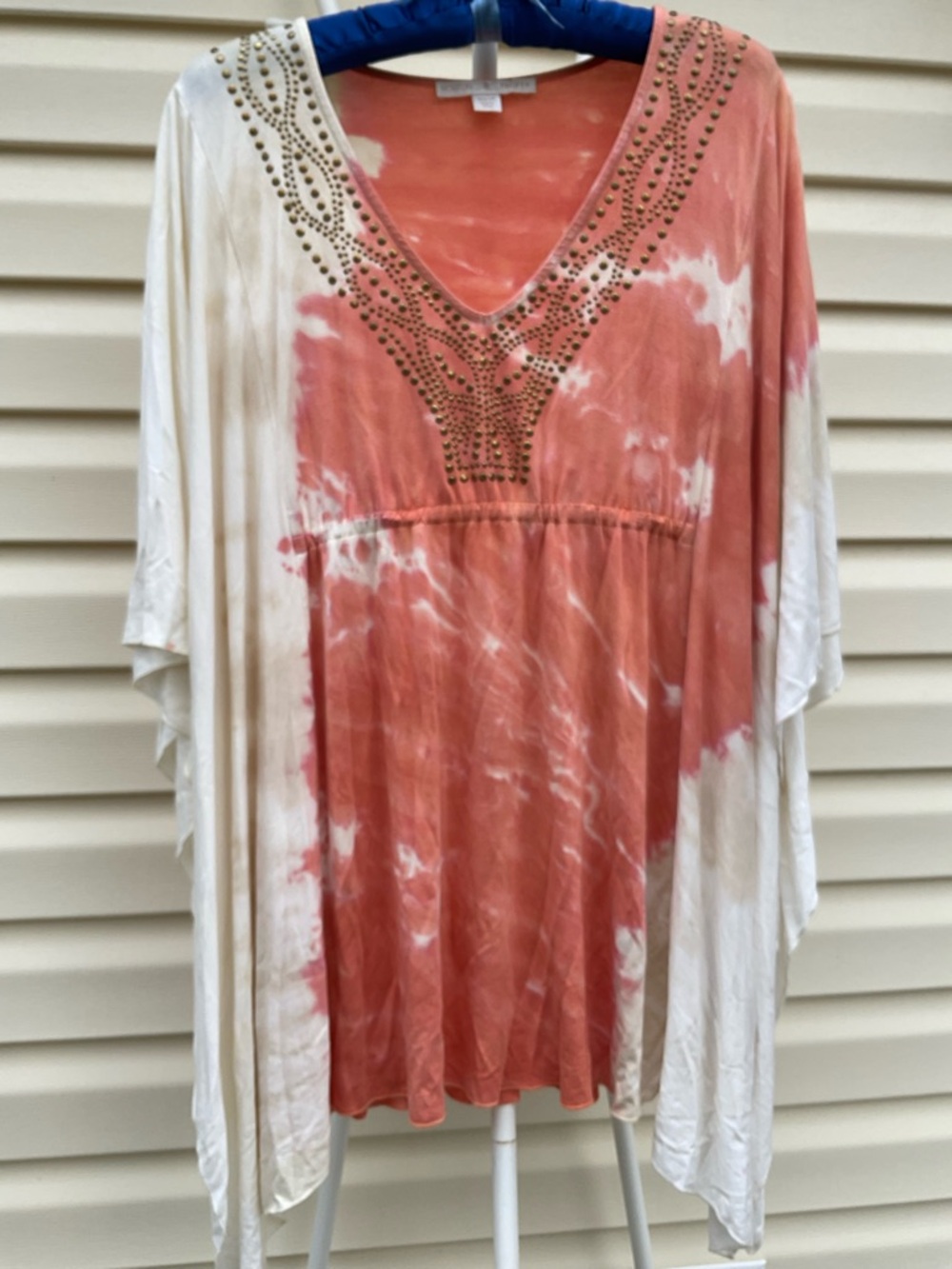 Boston Proper Y2K Coral Tie-Dye V-Neck batwing tunic Stud Embellishment 20”by35”